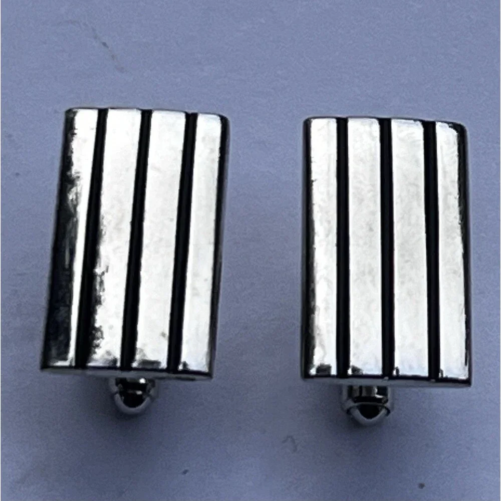 Vintage Hickok Silver Tone Black Enamel Striped Rectangle Cufflinks USA